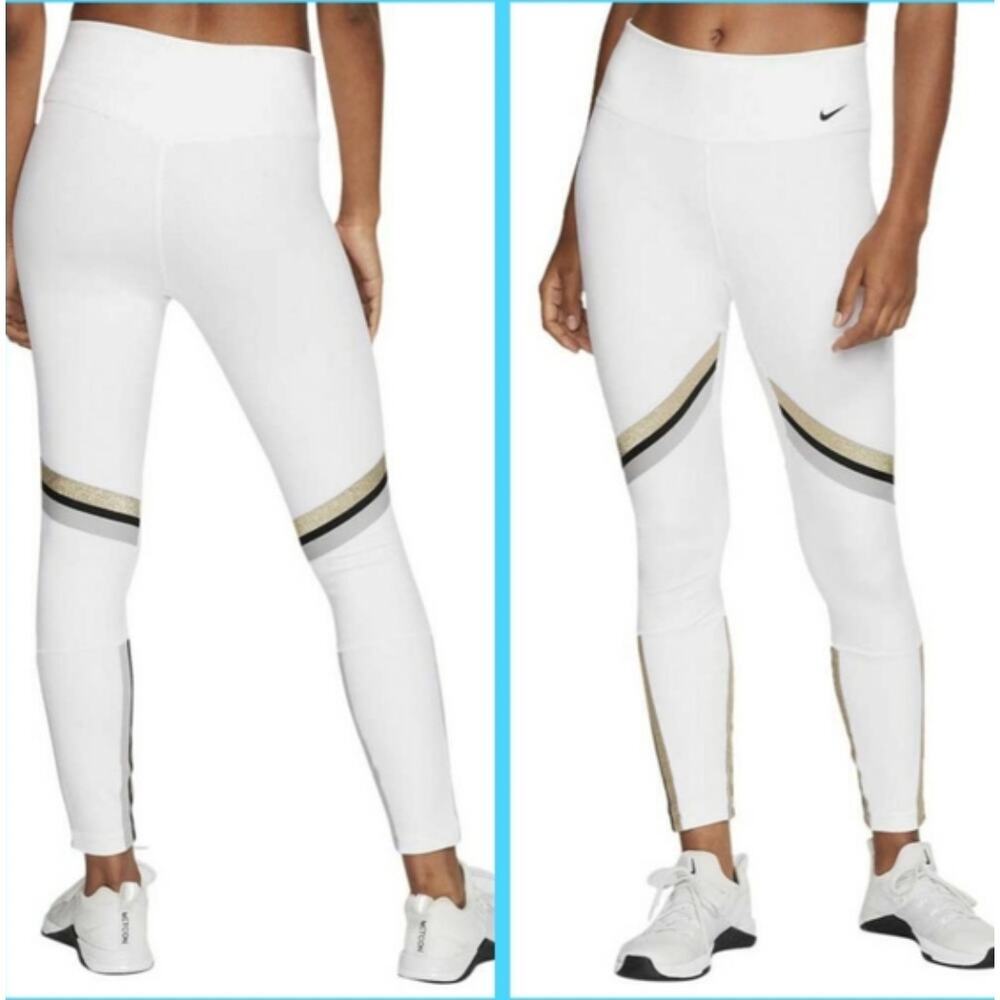 Nike One Icon Clash Women's 7/8 Leggings White Gold Stripe sz S